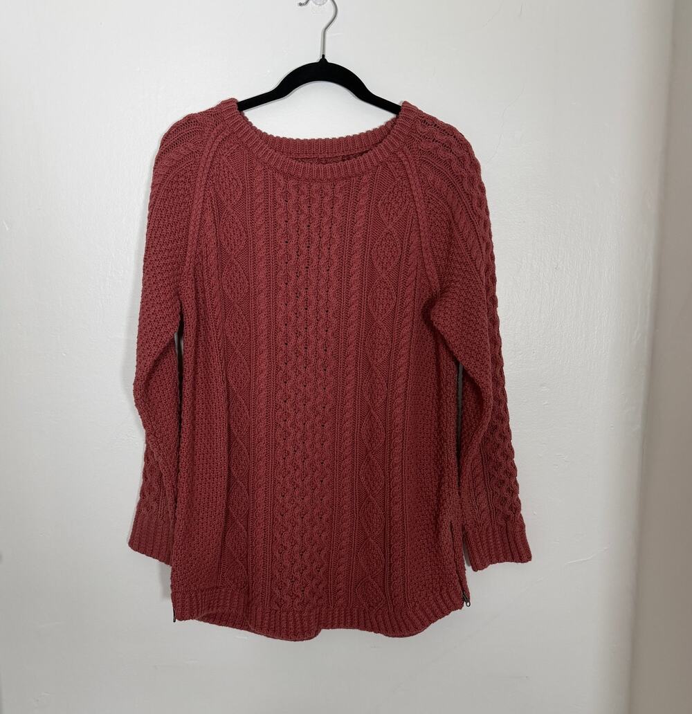 L.L.Bean Women’s Cable Knit Cotton Sweater Size L Rust Pink Side Zippers